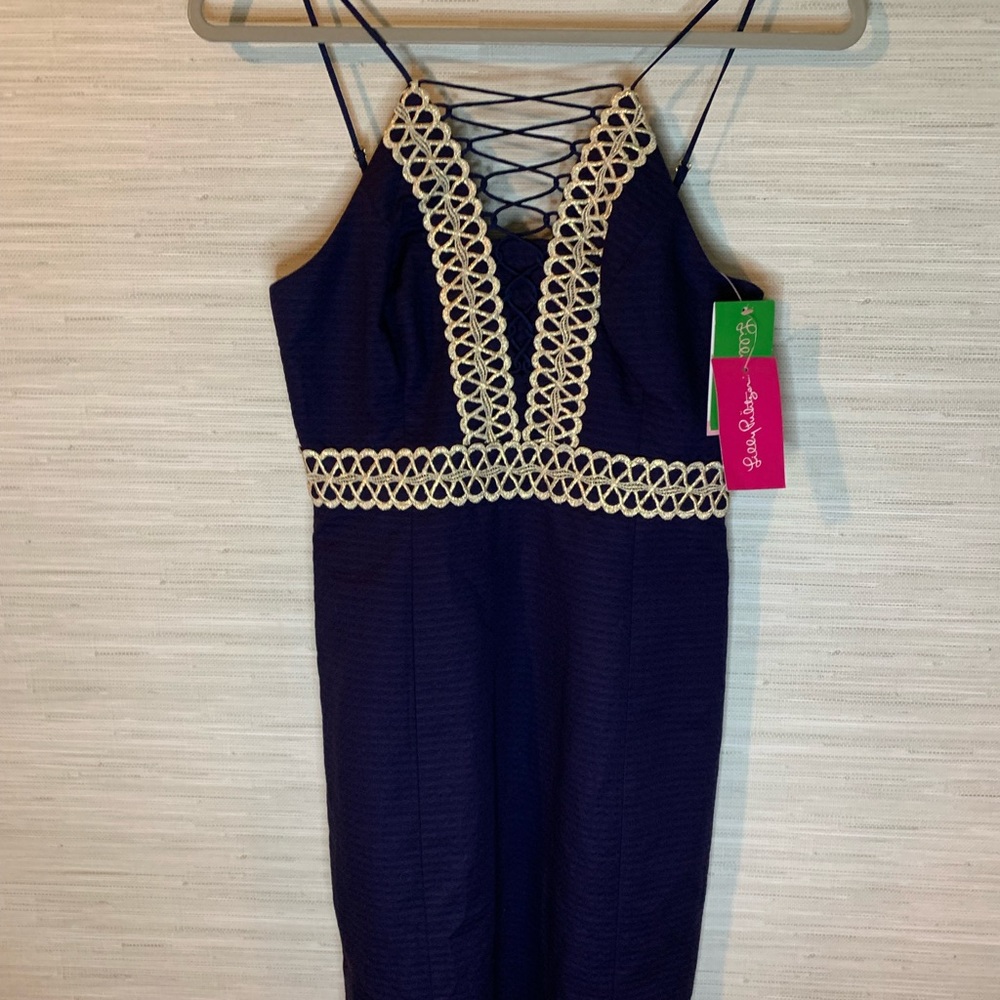 NWT Women’s Lilly Pulitzer Trista Dress Designer Navy Gold Size 00